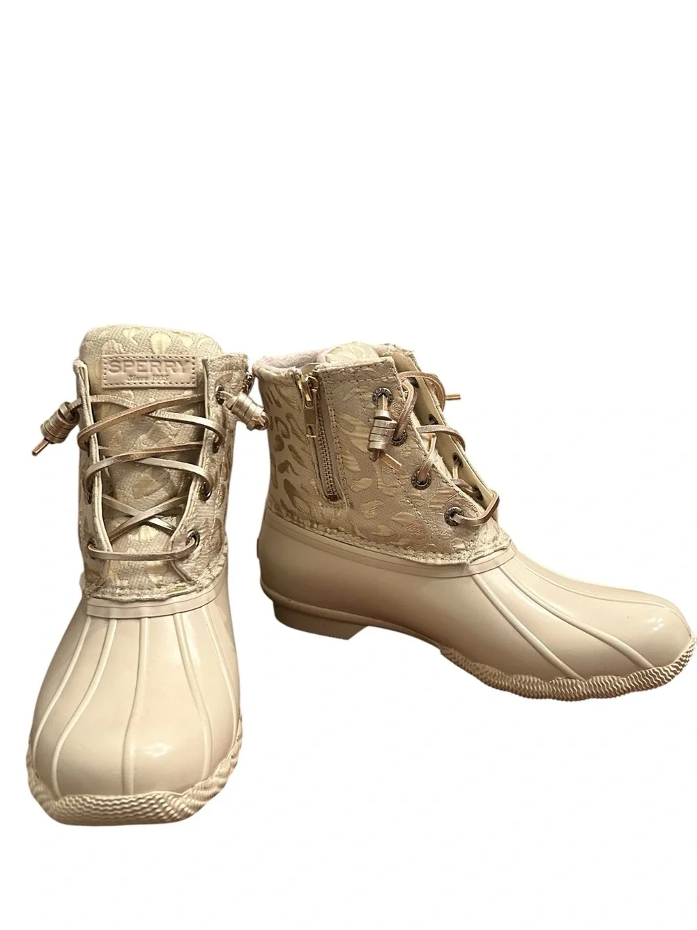 Sperry Saltwater Duck Boots Leopard Metallic Cream Gold Womens Size 6 NWOT